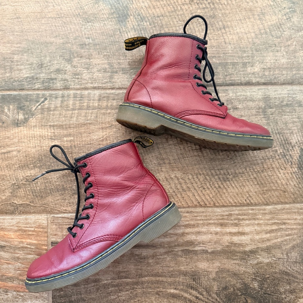 Dr. Martens Kids Delaney Side Zip Leather Combat Boots, Cherry Red, 3